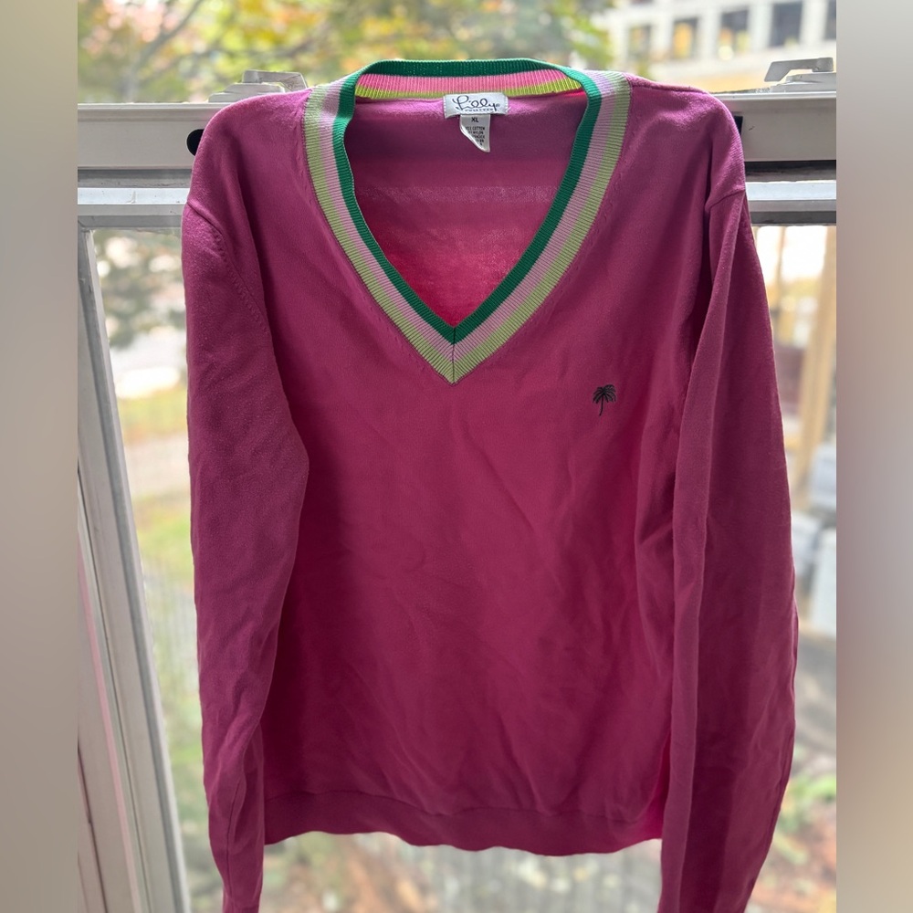 Y2K Lilly Pulitzer Palm Tree Sweater – Pink V-Neck with Striped Trim (XL)